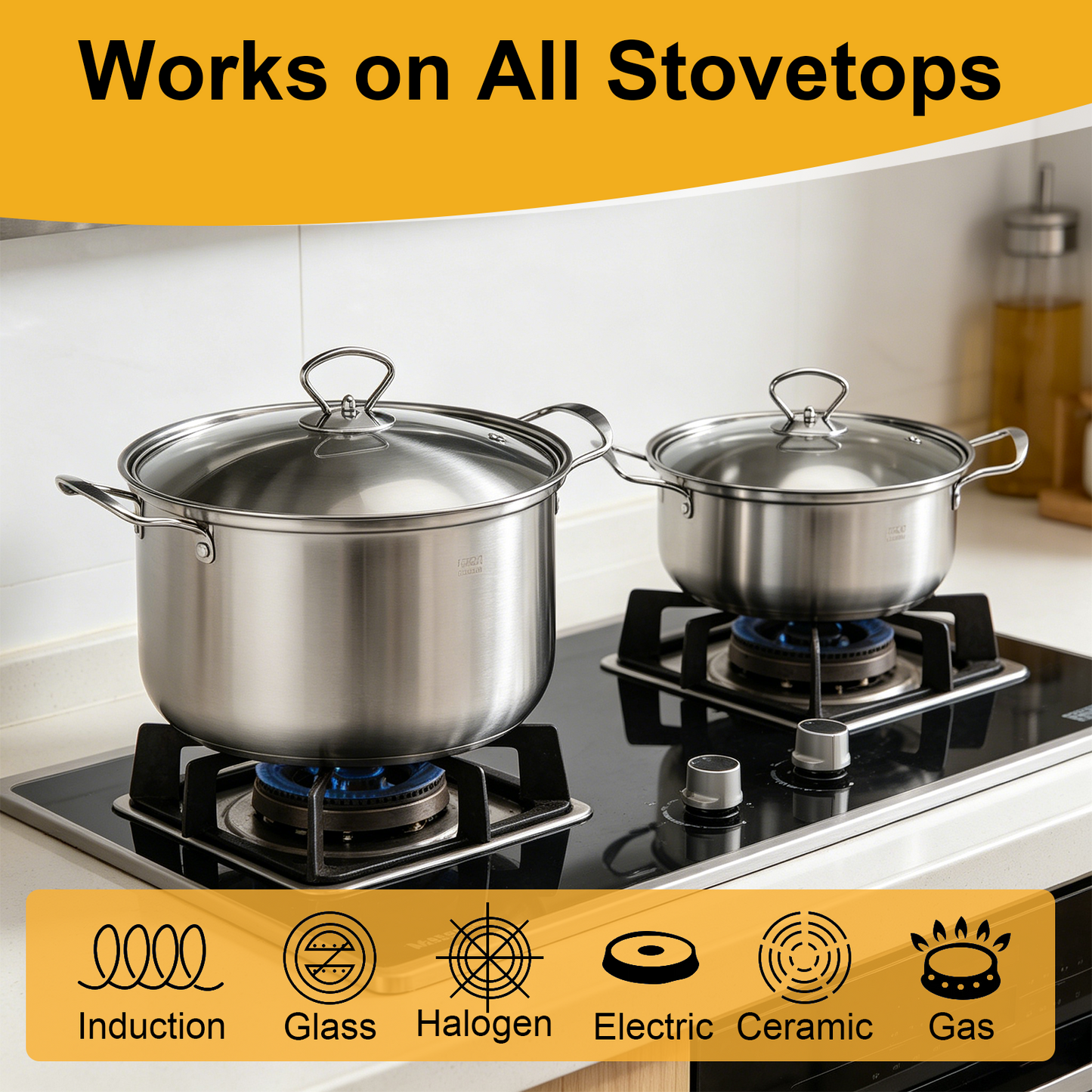 10 Piece Stainless Steel Pots Sets, Kitchen Cookware Set Saucepan with Glass Lid Stockpot Soup Pot with 2 Ear Handle For Cooking Dishwasher, Silver