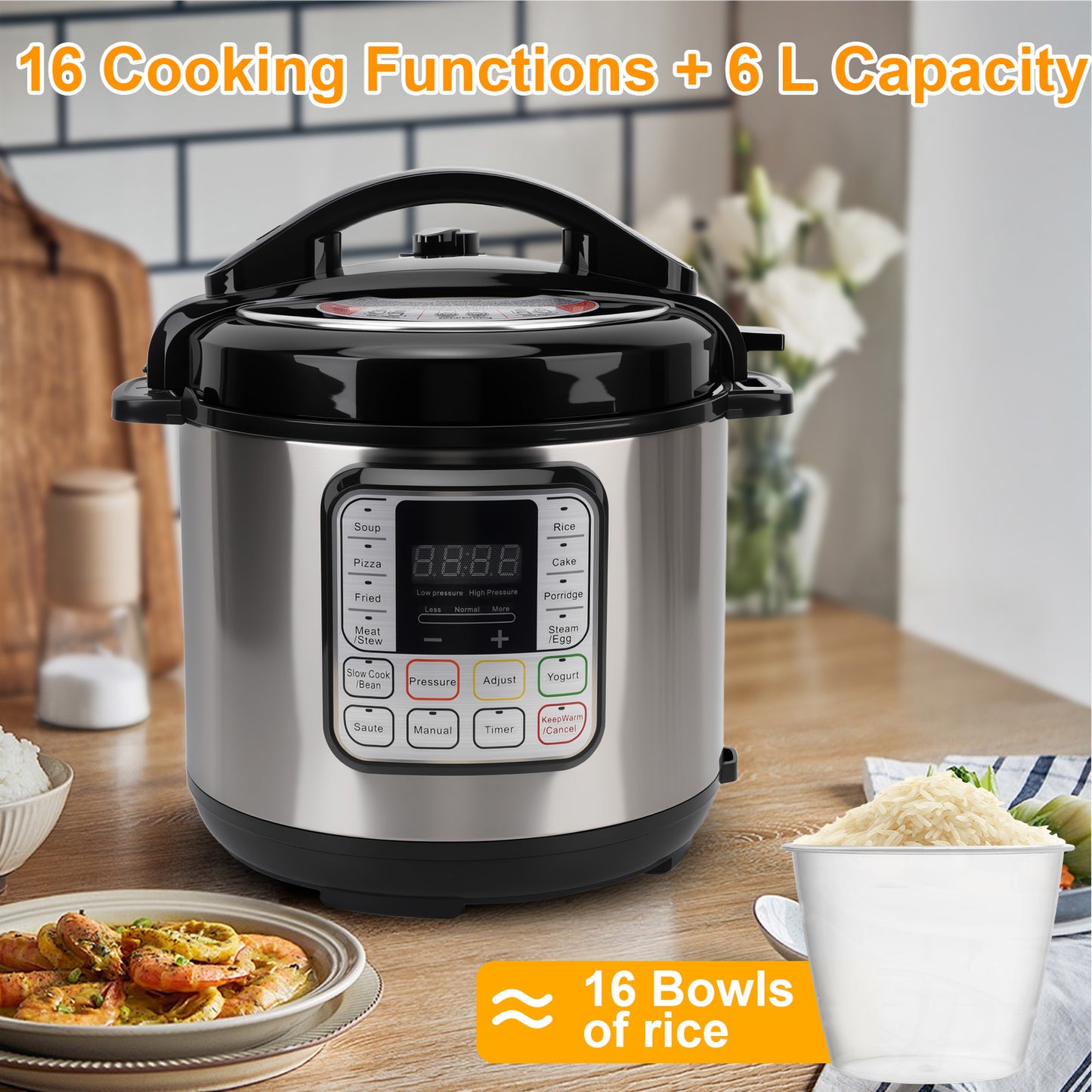 6.5 Quart Electric Pressure Cooker, 16-in-1 Multi-Functional Slow Cooker, Rice Cooker, Saute Pan, Soup Pot, Egg Cooker, Warmer, Preset Cooking, Stainless Steel