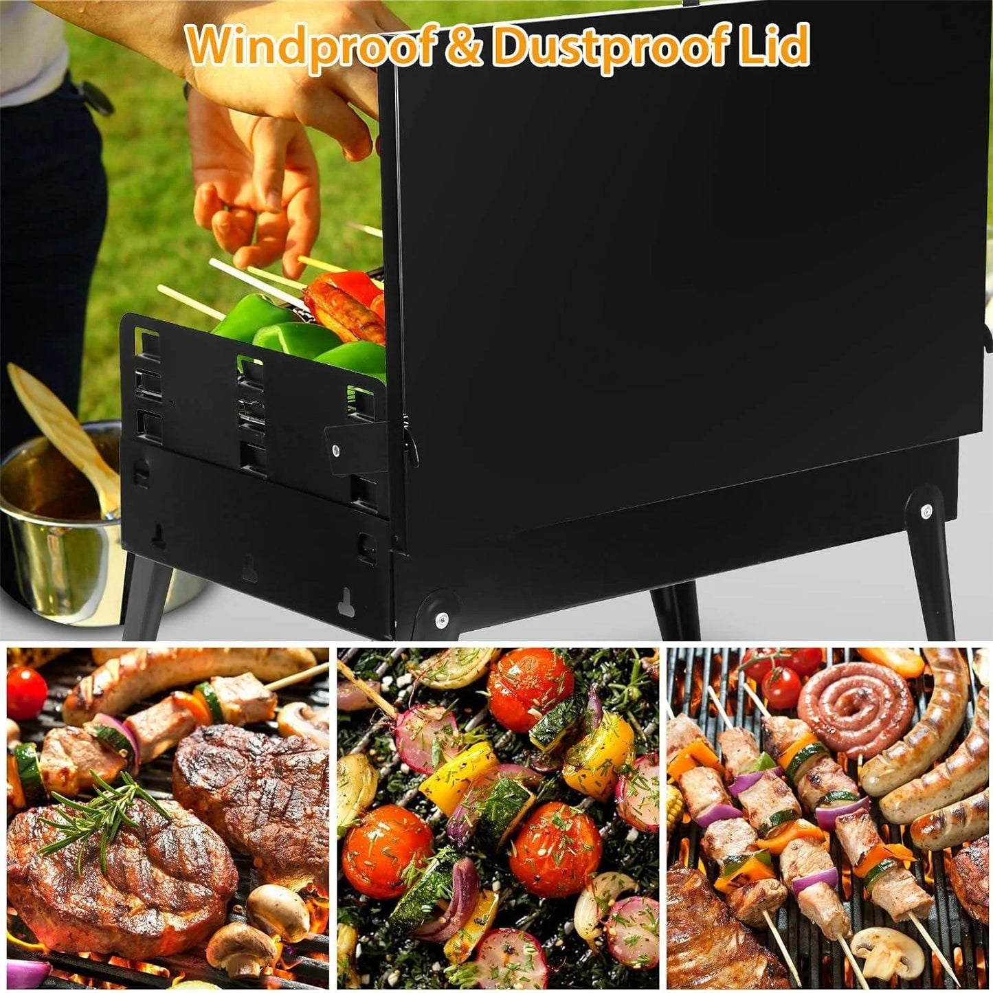 Portable Charcoal Grill, Foldable BBQ Grill Tabletop Lightweight Iron Charcoal Grill with Vent/Foldable Legs for Outdoor Camping Picnics Patio Tailgating Travel Garden Grilling with Shovel Fork Hooks