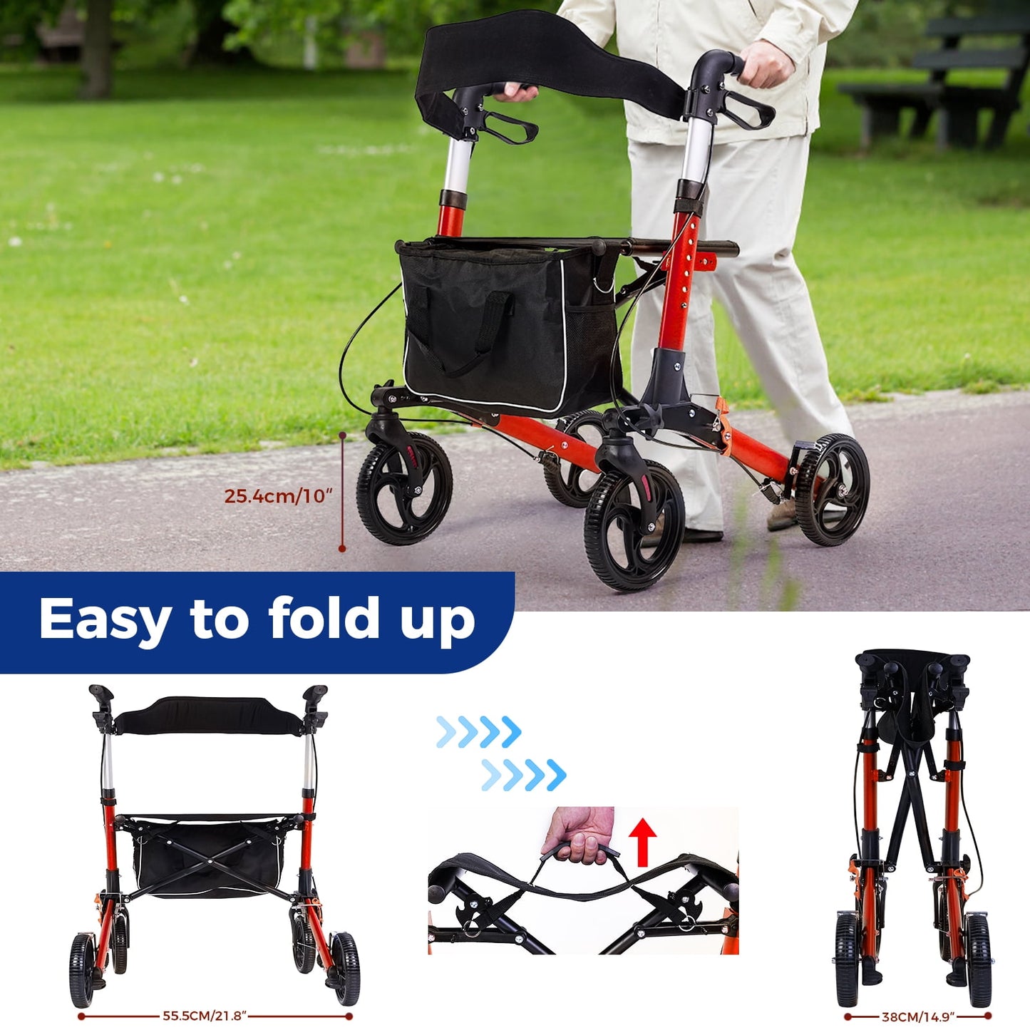Rollator Walker for Seniors, Lightweight Foldable All Terrain Rolling Walker with seat, Aluminum Walkers with 8 inch Solid Wheels, Handles and Backrest for Seniors and Adult, Red