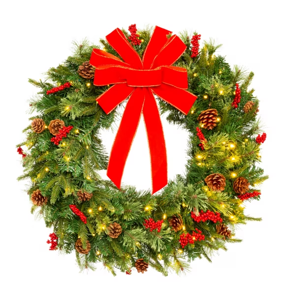 24in Pre-Lit Battery Powered Christmas Wreath Artificial Pre-Decorated Holiday Accent with 70 Lights, 96 PVC Tips, Ribbons, Pine Cones