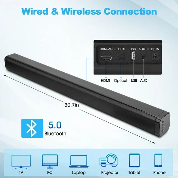 Sound Bar for TV, 40W TV Speaker Soundbar 30 inch Surround Sound System with ARC, Optical, AUX and Remote, Bluetooth 5.0 Stereo Sound for Home Theater PC Gaming Projectors, Wall Mountable