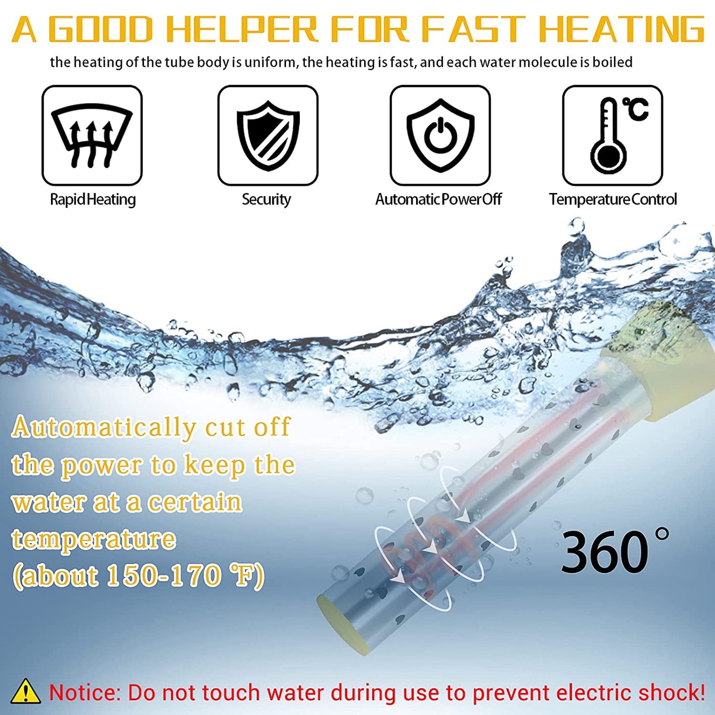Immersion Water Heater, Electric Submersible Water Heater with Stainless Steel Guard Cover, 1500W Portable Bucket Heater to Heat 5 Gallons of Water in Minutes