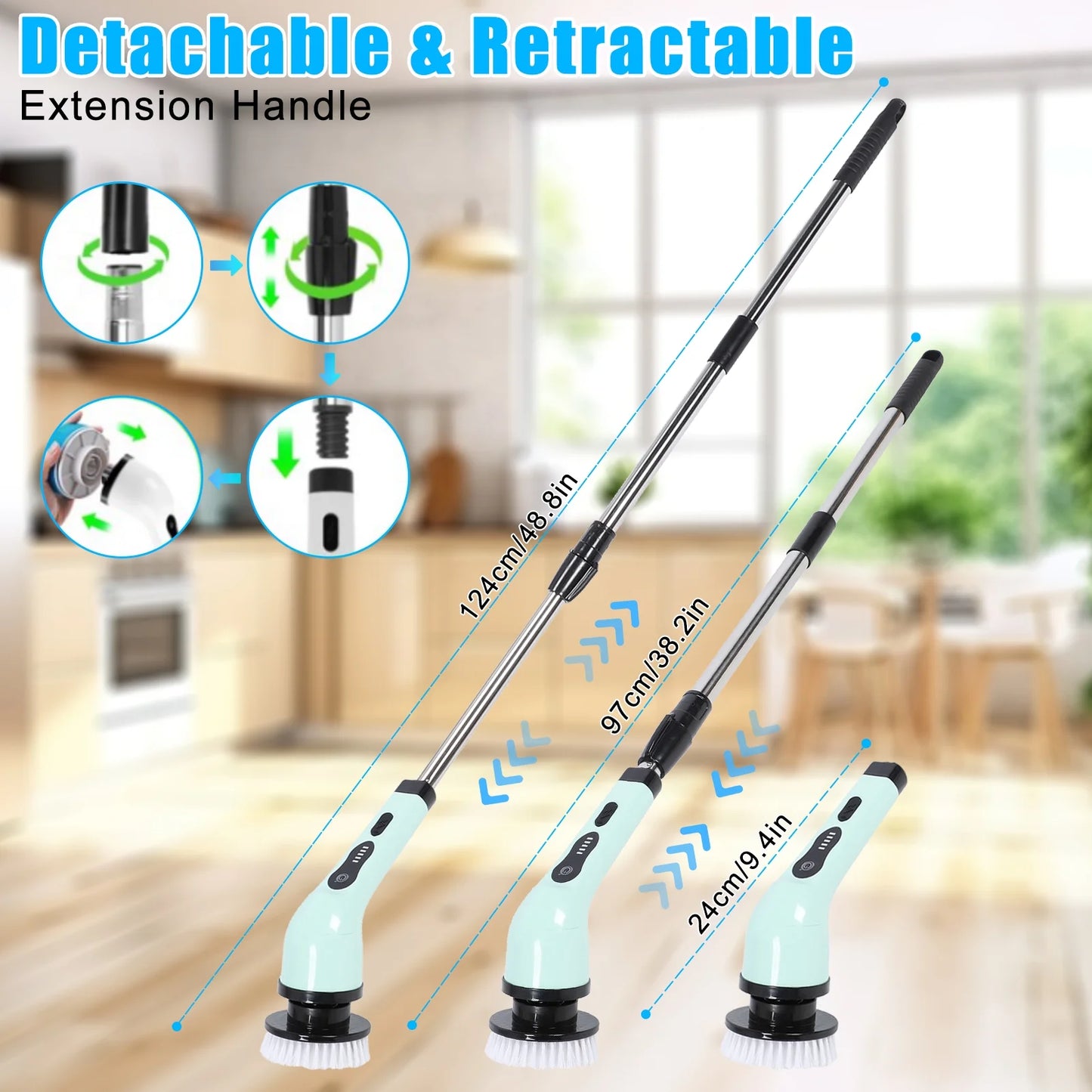 Electric Spin Scrubber, Cordless Power Scrubber with Extension Handle & 9 Replaceable Head for Bathroom & Tub & Tile Floor