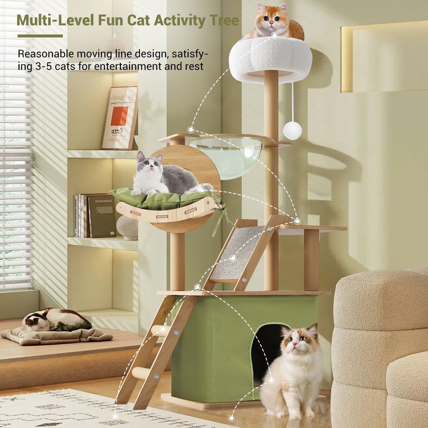 Cat Tree for Large Cats 55"Tall Cat Tower Condo with Scratching Post for Indoor Cats,Green