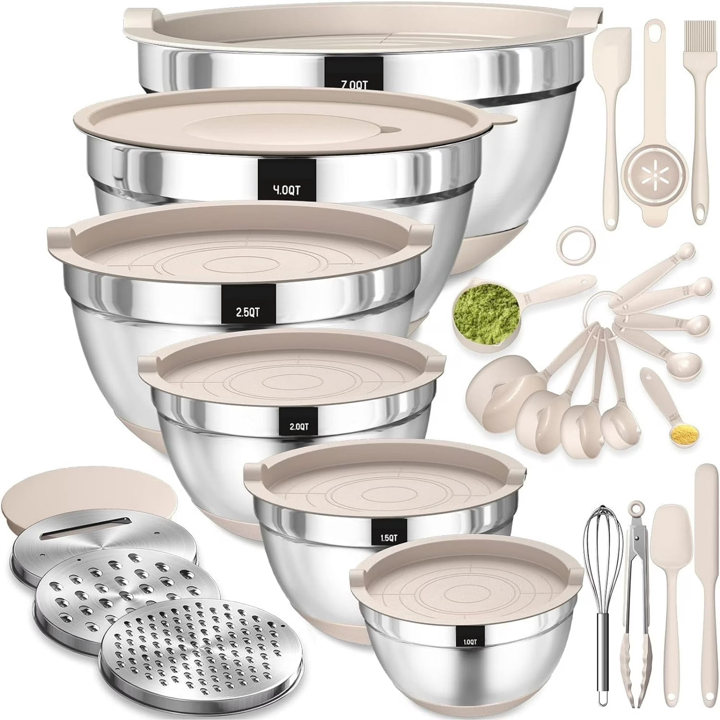 Mixing Bowls with Lids, 32 Piece Stainless Steel Bowls Set, 3 Grater Attachments & Black Non-Slip Bottoms Size 7, 4, 3.5, 2.5, 2, 1.5QT, Great For Mixing & Serving, Khaki