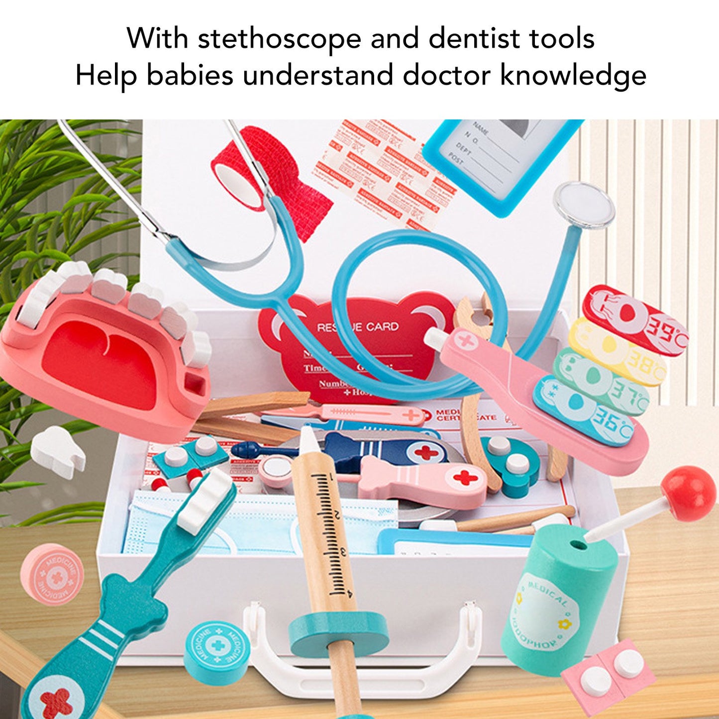 Kids Doctor Kit 50-Piece Wooden Pretend Play Doctor Playset with Carrying Case Stethoscope Pretend Role Play Medical Kit Toy for Toddlers Boys Girls 3 4 5 Years Old