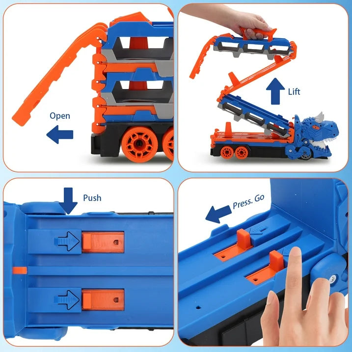 Dinosaur Race Track Toys for 3 4 5 6 Years Old Boys, Dinosaur Transporter Car Race Track with 12 Die-Cast Car Toys & 57inch Dual-Way Foldable Tracks, Truck Toys Set Gifts for Age 3-12 Kids Boys Girls