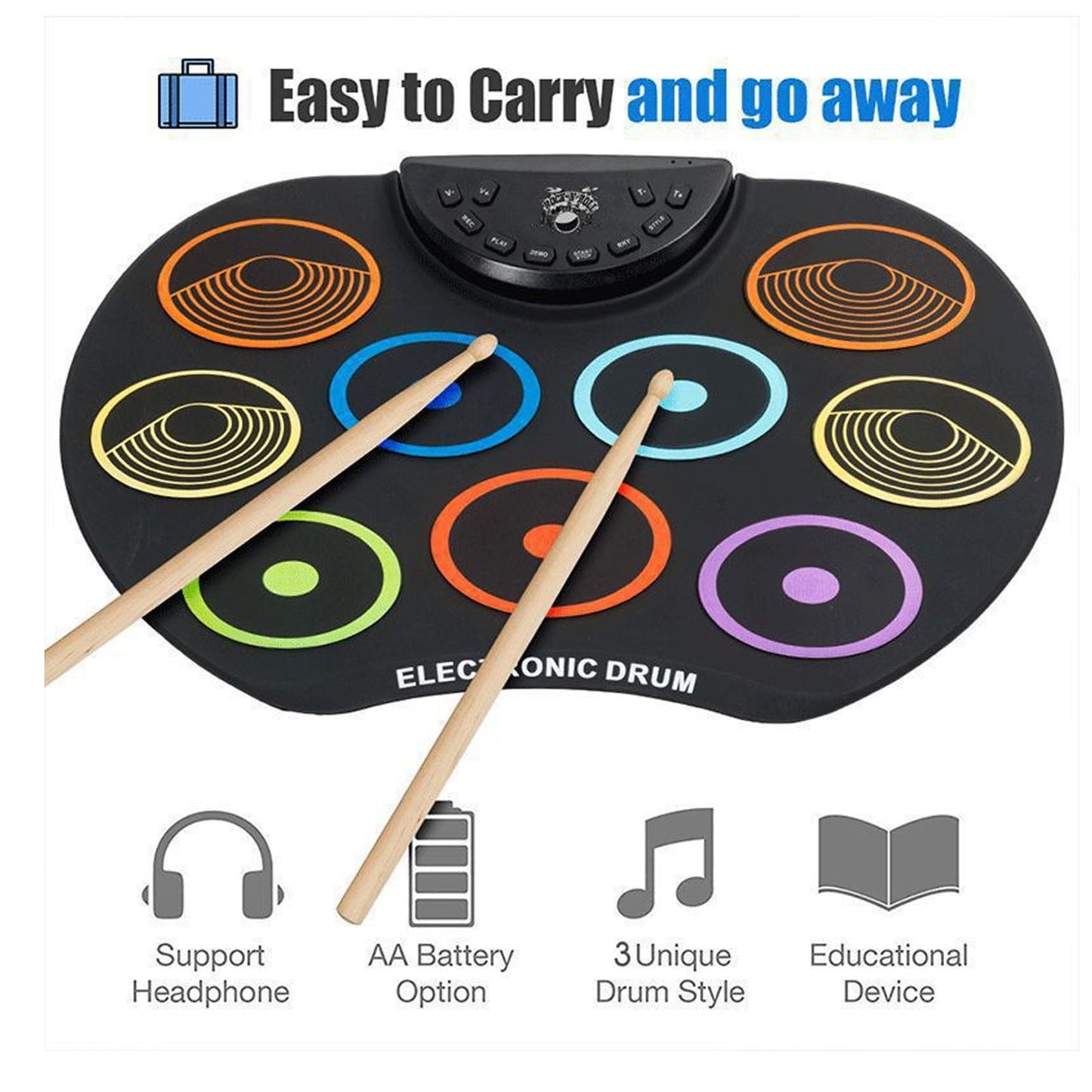 Electronic Drum Set for Kids 9-Pads Roll-Up Electric Drum Set Kit with Drumsticks Pedals, 8 Demo 10 Rhythums, Headphone Support, 3.5mm Audio Jack