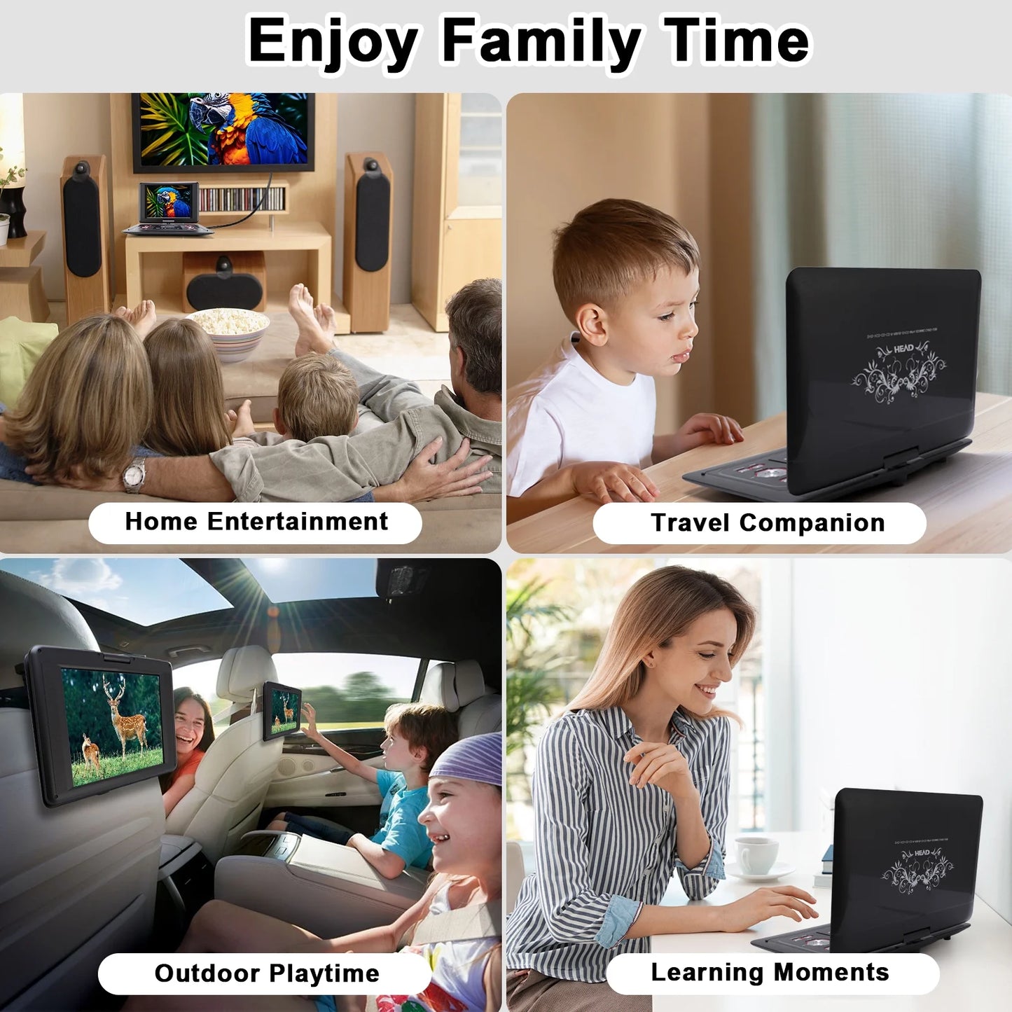 25.8" Portable DVD Player with 14.1" HD Screen for Car, Built-in Rechargeable Battery, Dual Speakers, Support USB/SD Card/Sync TV and Multiple Disc Formats, Remote Control, with Car/AC Adapter, Black