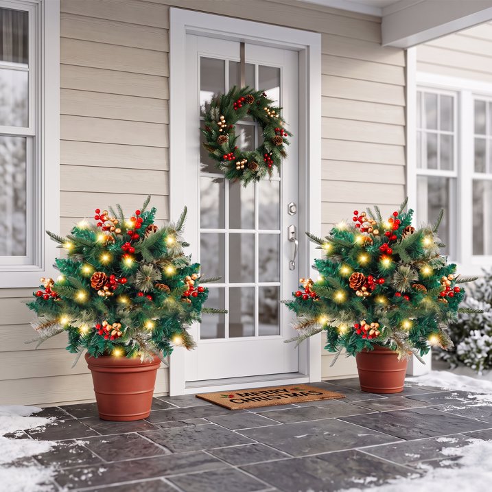 2 Pack Pathway Christmas Tree, Battery Operated Pre-Lit Artificial Small Xmas Tree Urn Filler w/LED Lights Berries and Pine Cones Ornaments for Porch, Driveway, Yard Festival Holiday Decorations