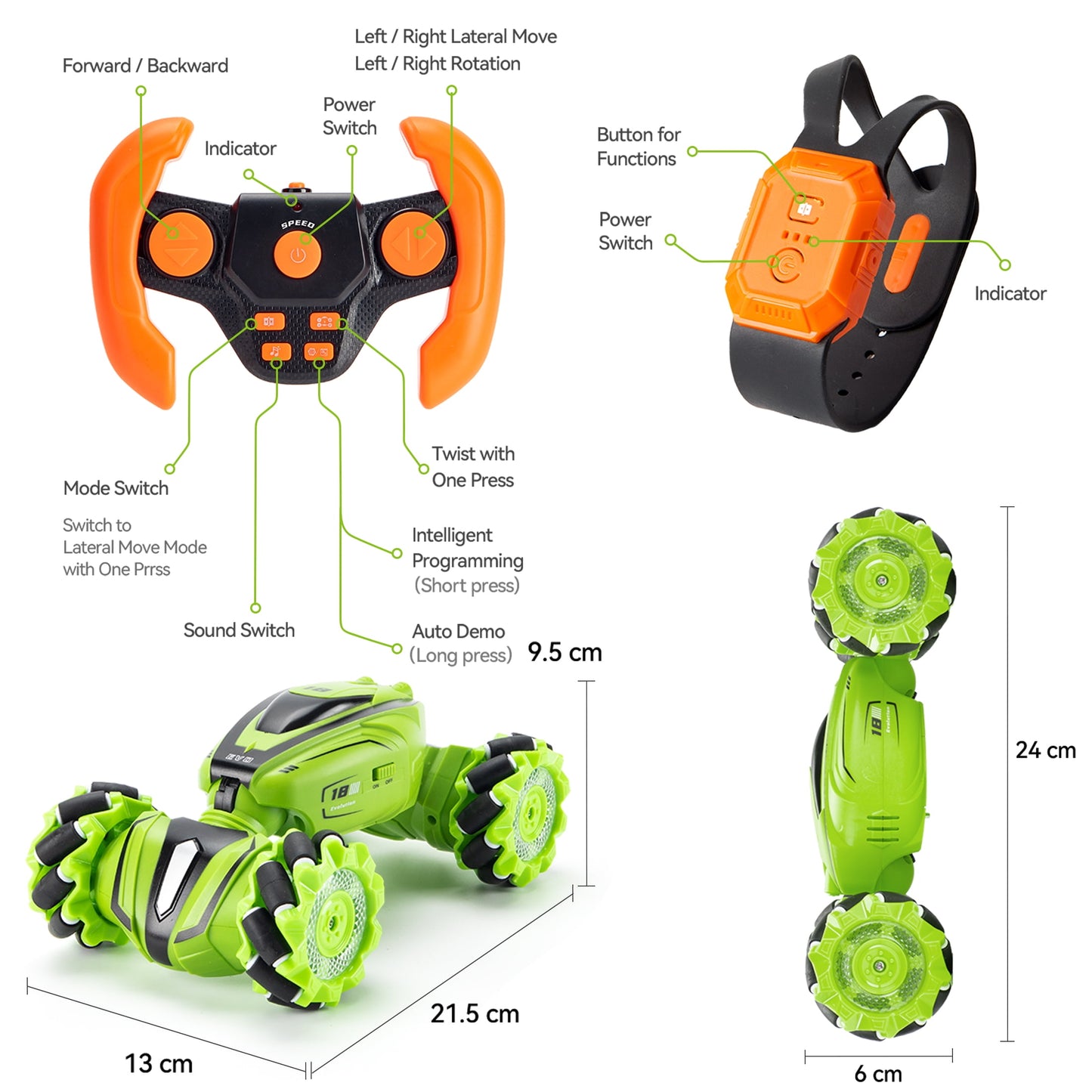 Gesture Sensing RC Stunt Car, Green