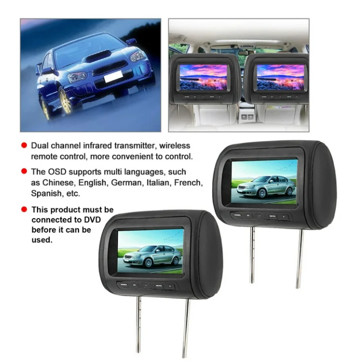 Wireless Adjustable Headrest LCD Car Video Monitors with Data Cable, Black, 7 inches, 2 pieces
