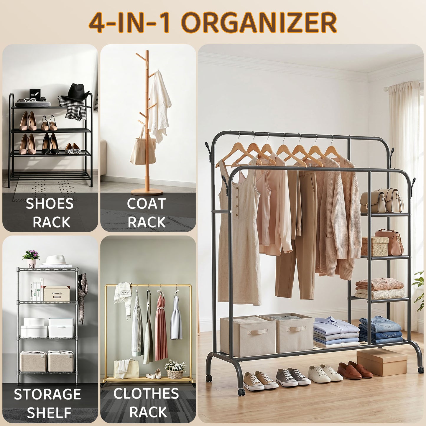 3-In-1 Double Rod Clothes Rack with 4-Shelf, Metal Clothing Rack with Wheels & 4 Hooks, Portable Heavy Duty Garment Rack with Bottom Shelves, Freestanding Organizer for Bedroom, Black