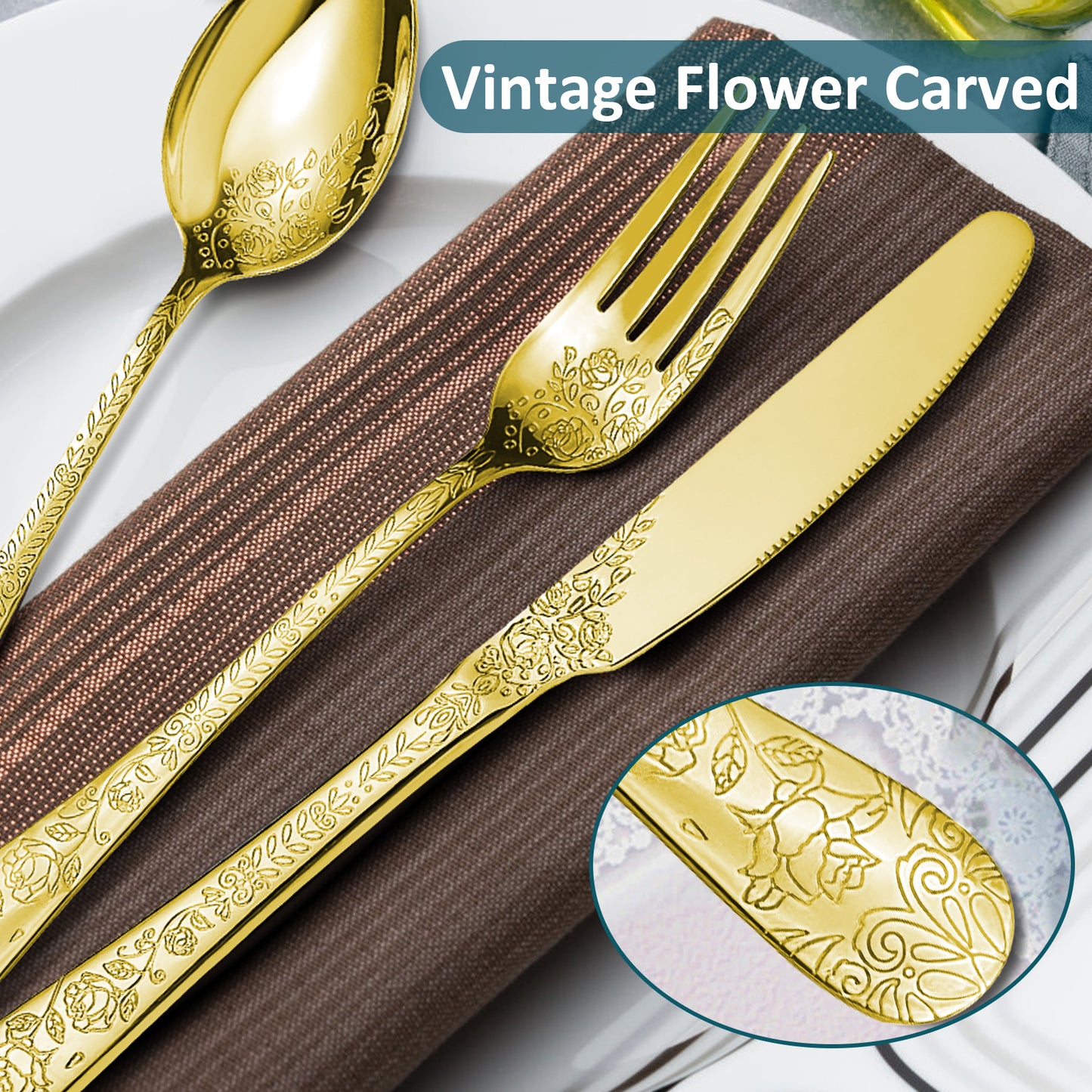 LHCER 20PCS Gold Silverware Set Service for 4, Stainless Steel Titanium Gold Plating Flatware Set, Knives Forks Spoons Tea Forks Teaspoons Kits with Flower Pattern for Kitchen Restaurant Party Gold