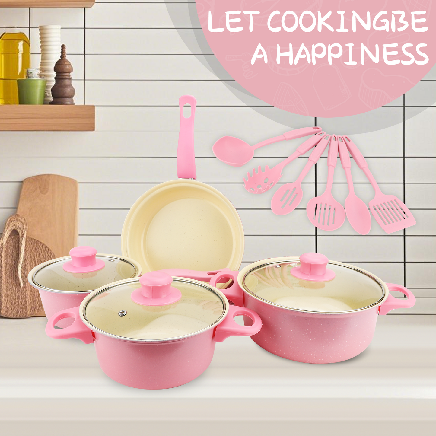 Cookware Set Anti Stick Maifan Stone Coating Refined Iron Soup Pots Frying Pan Soup Ladle Rice Paddle Spatula for Home Kitchen