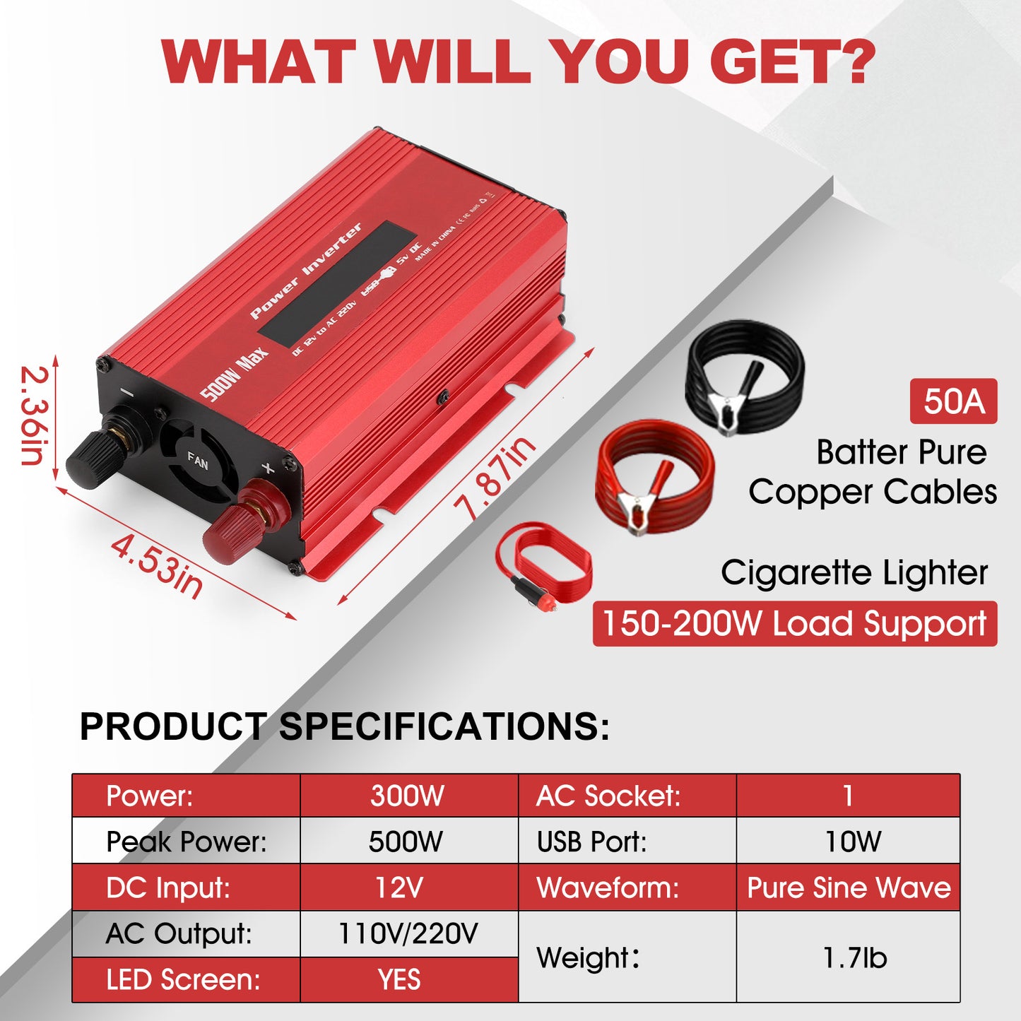 500 Watts Pure Sine Wave Power Inverter for Vehicles, Converter DC 12v to AC 110V Car Inverter with USB Port and LCD Screen
