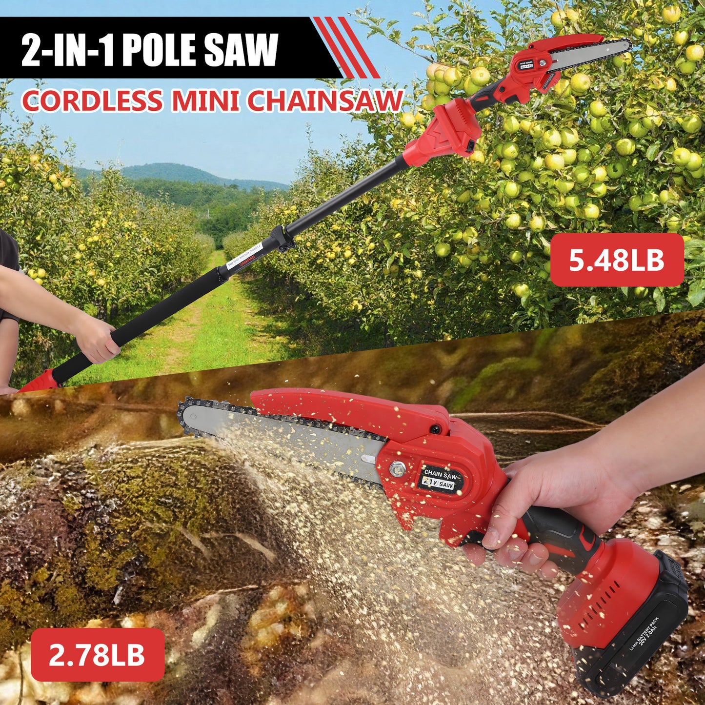 2-in-1 Brushless Cordless Pole Saw,6in + 8in Mini Chainsaw & Pole Saw with 2pcs 2.0A Batteries, 13.6ft Max Reach Brach Tree Saw Telescoping Extension Rod for Wood Tree Trimming Wood Cutting,Red