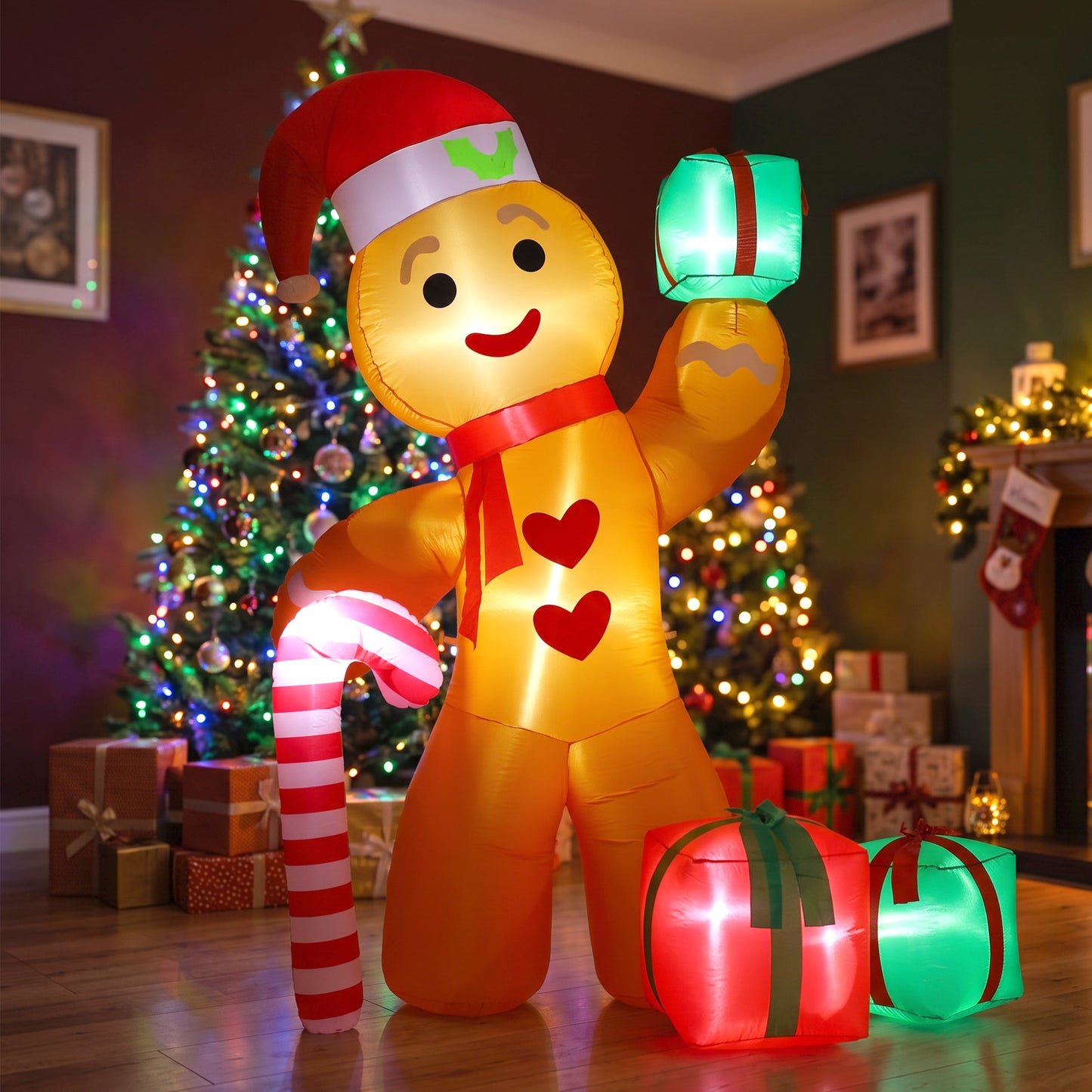 8FT Inflatable Gingerbread Man with Candy Cane and T8FT Inflatable Gingerbread Man with Candy Cane and Three Gift Boxes,LED Lighted Christmas Decoration Indoor and Outdoorhree Gift Boxes,LED Lighted Christmas Decoration Indoor and Outdoor
