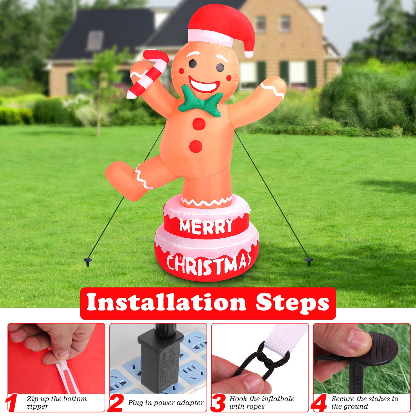 5 FT Christmas Inflatable Outdoor Decorations Gingerbread Man with Cane Candy, Lovable Blow up Gingerbread with Xmas Hat, Built-in LED Lights for Yard Garden Lawn Indoor Home Holiday Decor
