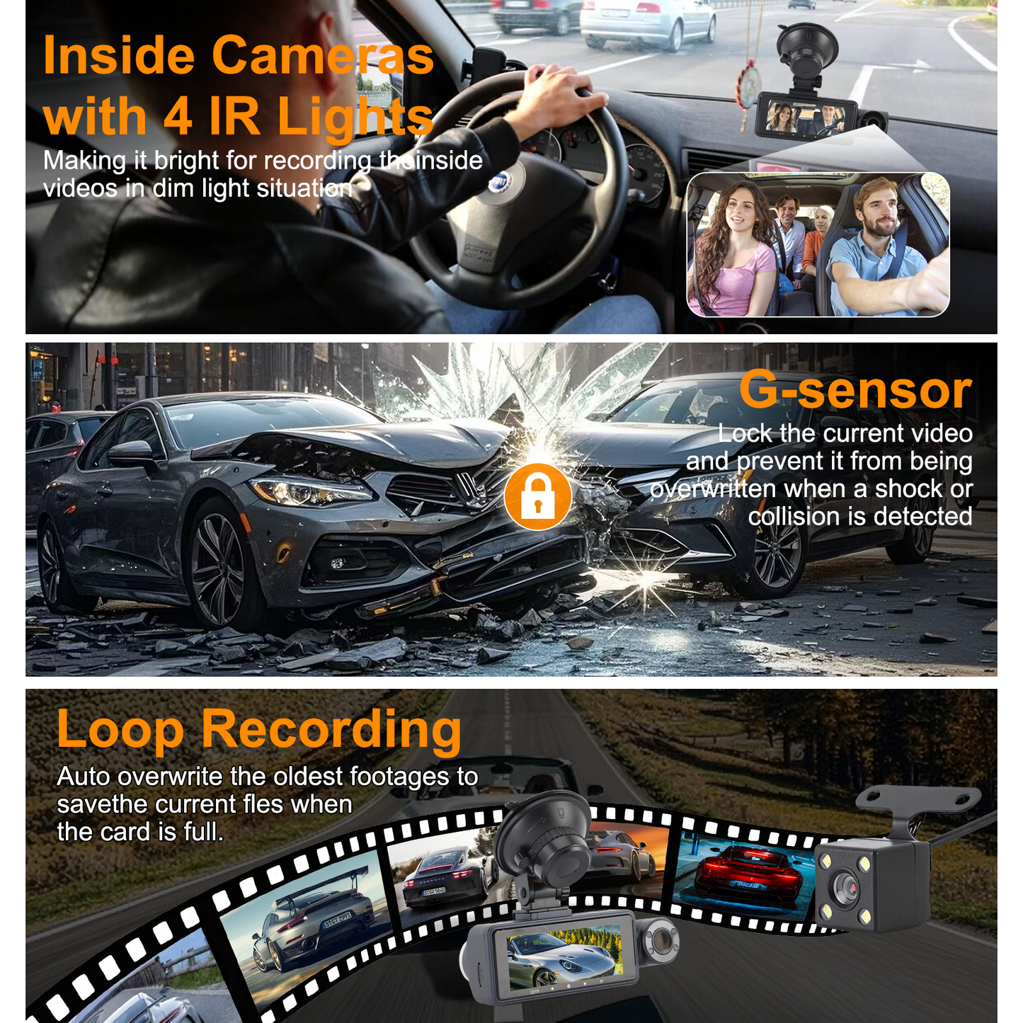 3 Channel Dash Cam, Front Rear 4K/2.5K+1440P 3.16" Full HD with Wi-Fi & 64GB Card Car Dashboard Recorder IPS Screen ,Night Vision Wide Angle, G-Sensor, 24H Parking, Loop Recording