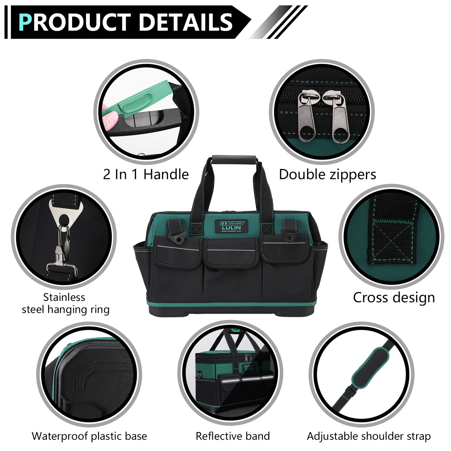 19-inch Tool Bag With 16 Pockets, Heavy Duty Hand Tool Storage Bag with Adjustable Shoulder Strap & Waterproof Strong Molded Base, for Tool Kit Organizer Bag