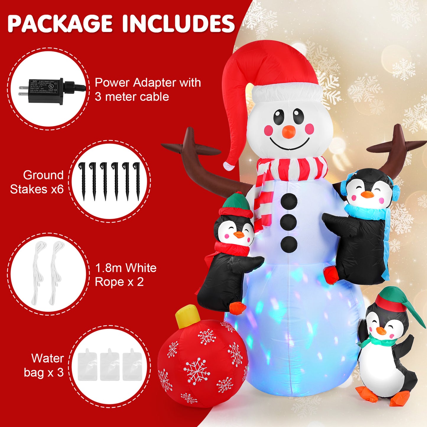 6FT Christmas Inflatable Outdoor Decoration, Snowman with Penguin and Red Ball, Navidad Blow Up Yard Decor with Built-in LED Light for Lawn, Garden, Party