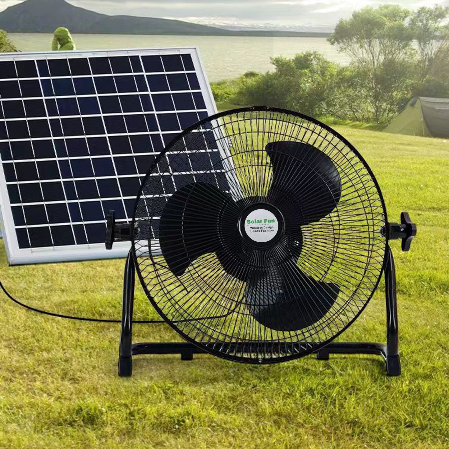 16 Inch Quiet 3 Speed Table Fan with 10000mah Solar Panel Powered and AC Charger Input, Floor Fan High Velocity for In/Outdoor