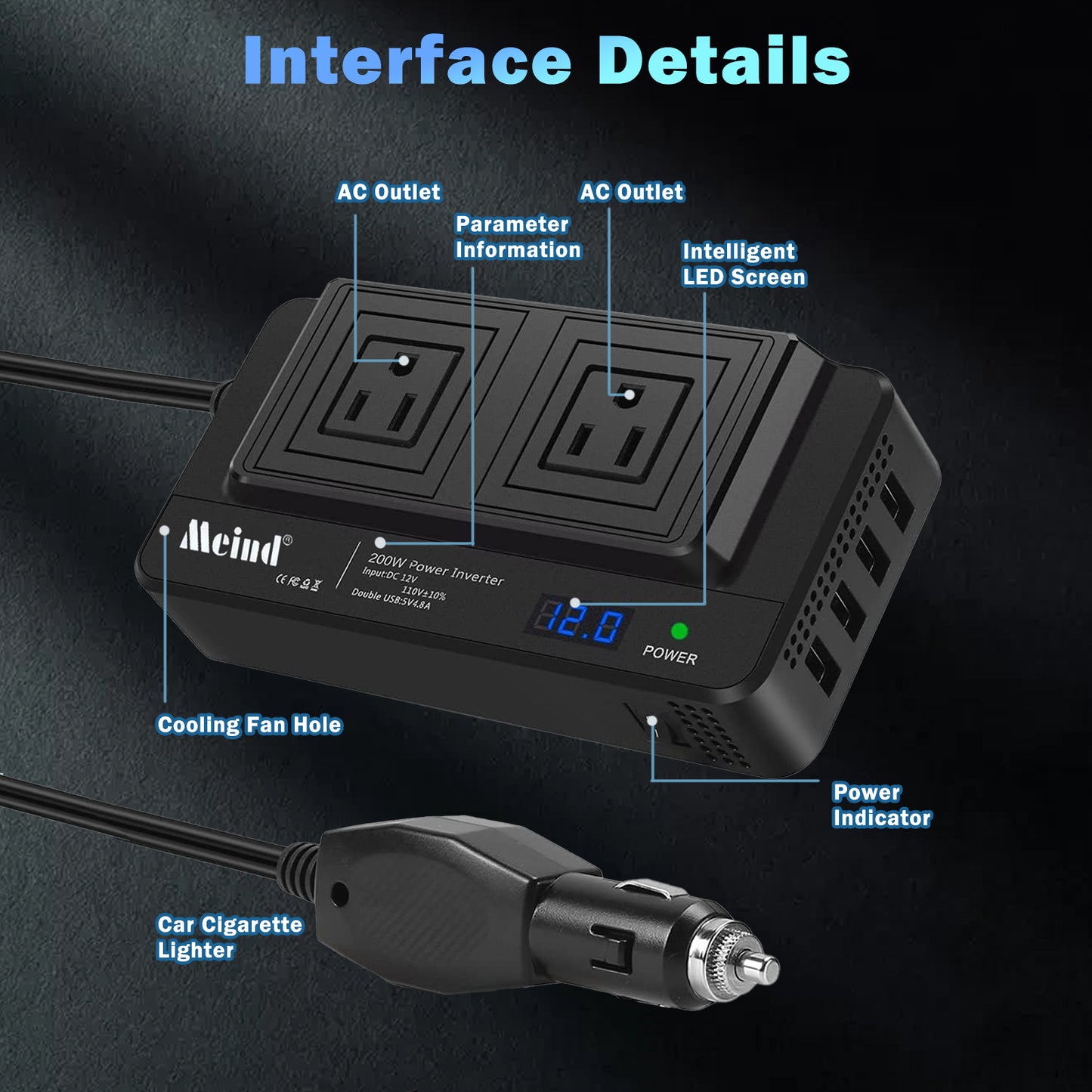 Peak Power 400W Car Power Inverter Car Plug Adapter Outlet Charger DC 12 to 110V/220V Car Inverter with 4 USB 4.8A