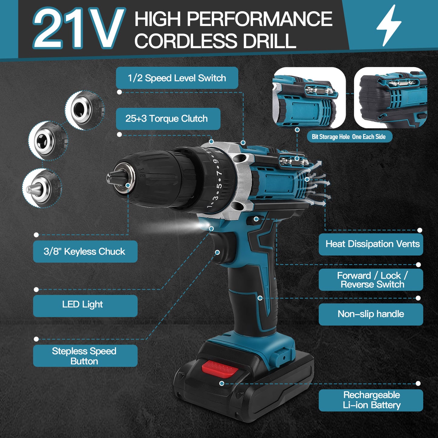 21V Cordless Power Drill Set, Power Drill Driver Kit with 2 Lithium-ion Battery and Charger, 3/8-Inch Keyless Chuck, 2 Variable Speed, 25+3 Position and 27pcs Drill/Driver Bits