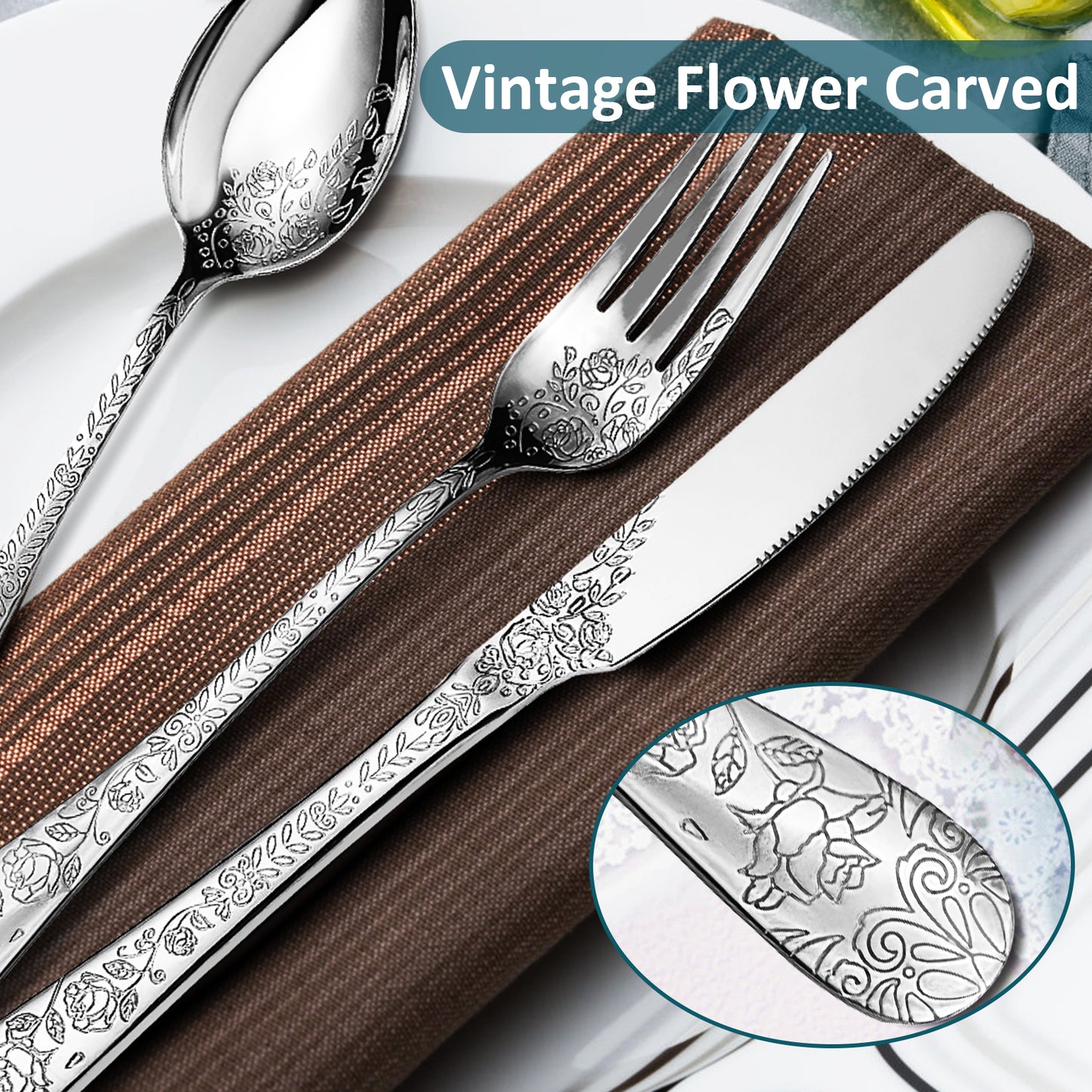 LHCER 20PCS Silverware Set Service for 4, Stainless Steel Titanium Silver Plating Flatware Set, Knives Forks Spoons Tea Forks Teaspoons Kits with Flower Pattern for Kitchen Restaurant Party Sliver