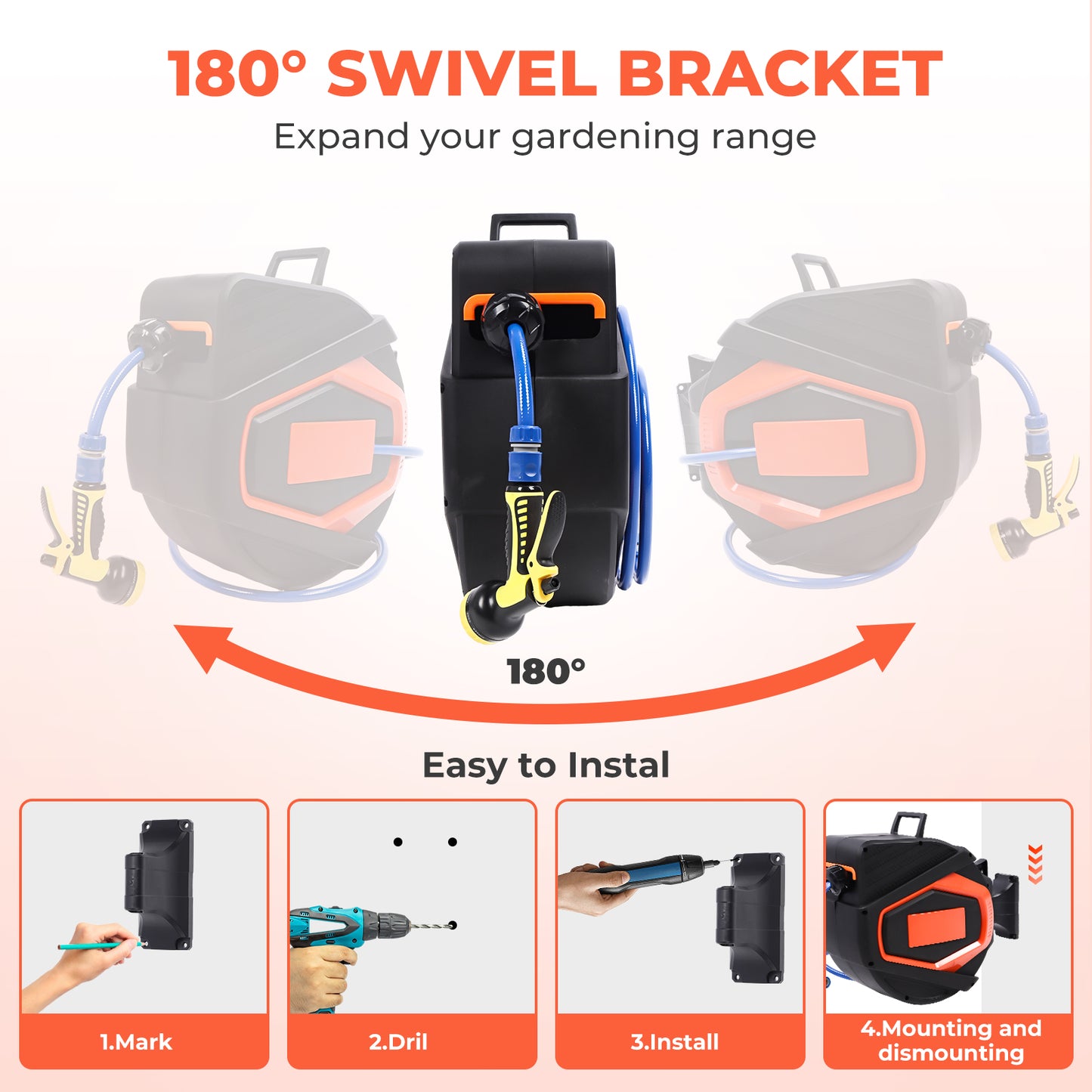 Retractable Garden Hose Reel 5/8 In X 100 Ft Automatic Wall Mounted Water Hose with 10 Pattern Nozzle Any Length Lock Slow Retraction 180° Swivel