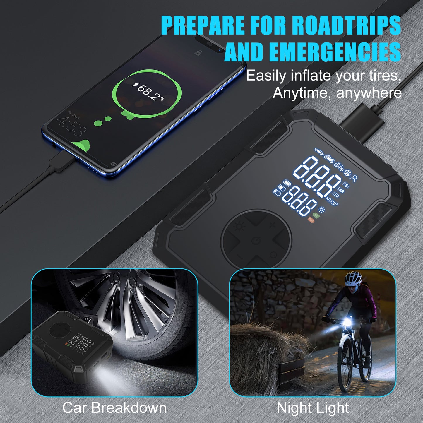Cordless Air Compressor Tire Inflator,4X Faster 150PSI 5 Inflation Modes 20000mAh Auto-Shutoff with LED Digital Pressure,Rechargeable Tire Pump for Car Tires,Bikes,Balls,Motorcycles