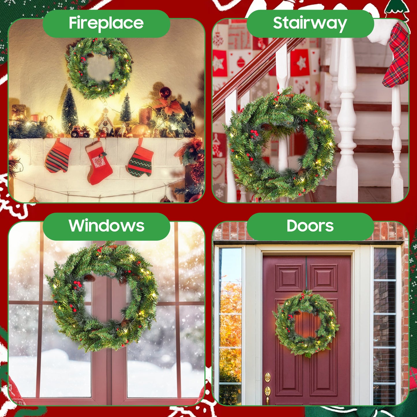 24 Inch Pre-Lit Artificial Christmas Wreath, Green, Crestwood Spruce, White Lights, Decorated with Pine Cones, Berry Clusters, Frosted Branches, Christmas Collection