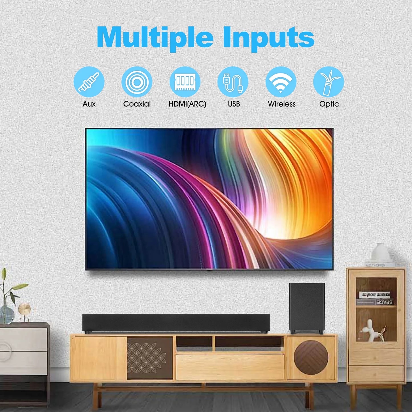 2.1ch Sound Bars for TV with Subwoofer, Bluetooth 5.0 Surround Sound System for TV, 26 Inch Soundbar for Home Theater, ARC/USB/AUX/Coaxial/Optical Connect & Remote Control, 60W Output