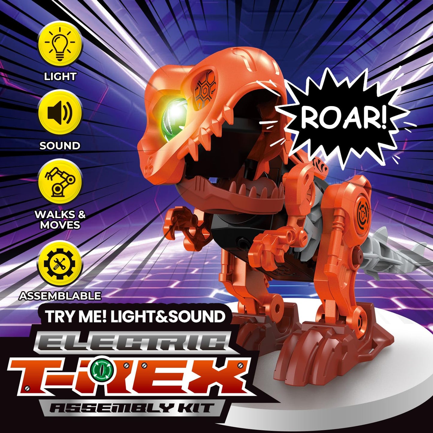 Electric Dinosaur Building Blocks, 3D Puzzles Electric T-rex Assembling Toy with LED Glowing Eyes & Roar Sounds, Dinosaurs Building Kits STEM Educational Learning Toys for Kids 3-8 Years
