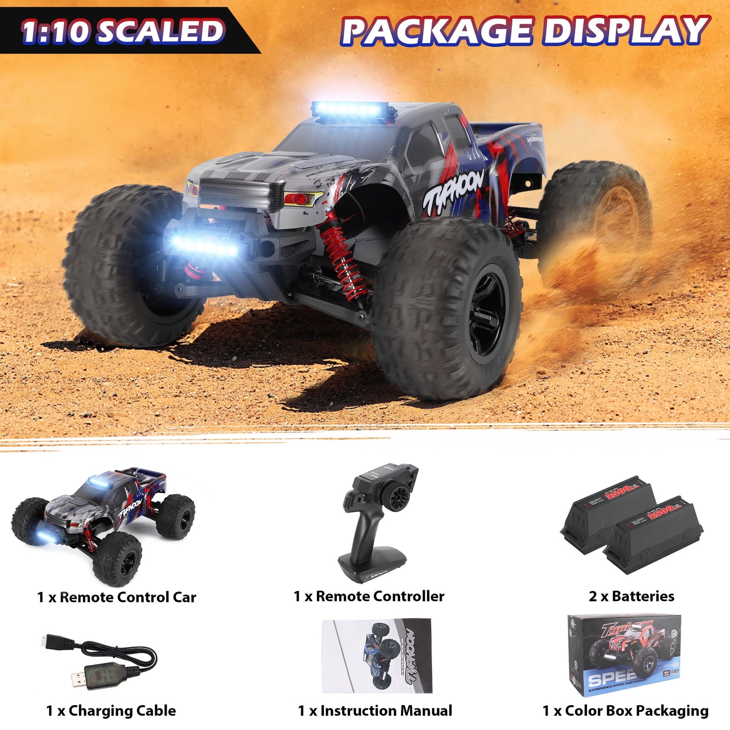 1:10 RC Car Truck for Adults Kids 60KM/H High Speed Fast Off-Road RC Trucks 4WD All Terrain Remote Control Monster Truck Boys Girls RC Car Toys, 2 Batteries