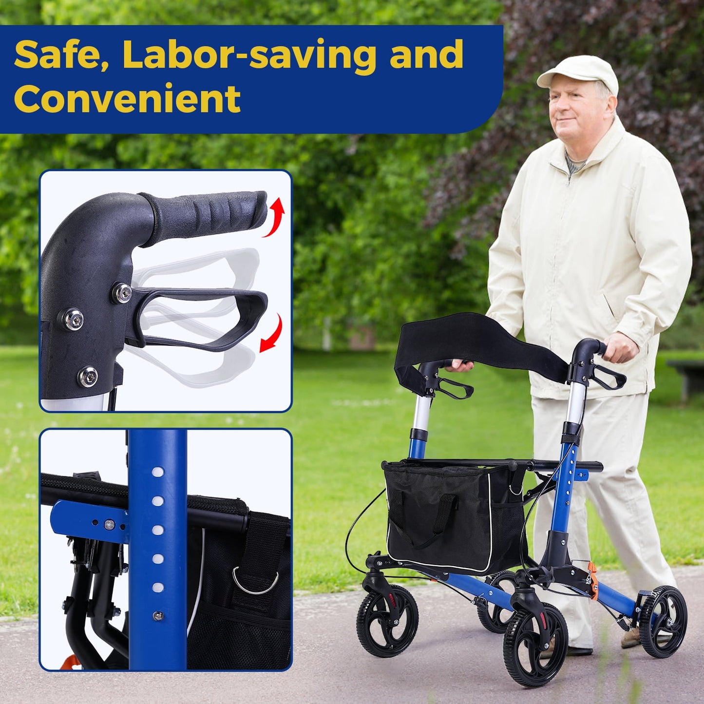 Foldable Rollator Walker with Seat Adjustable Mobility Walker with 10 inch Wheels for All Terrain, 300 lbs Weight Capacity, Sturdy Steel Rolling Medical Walker
