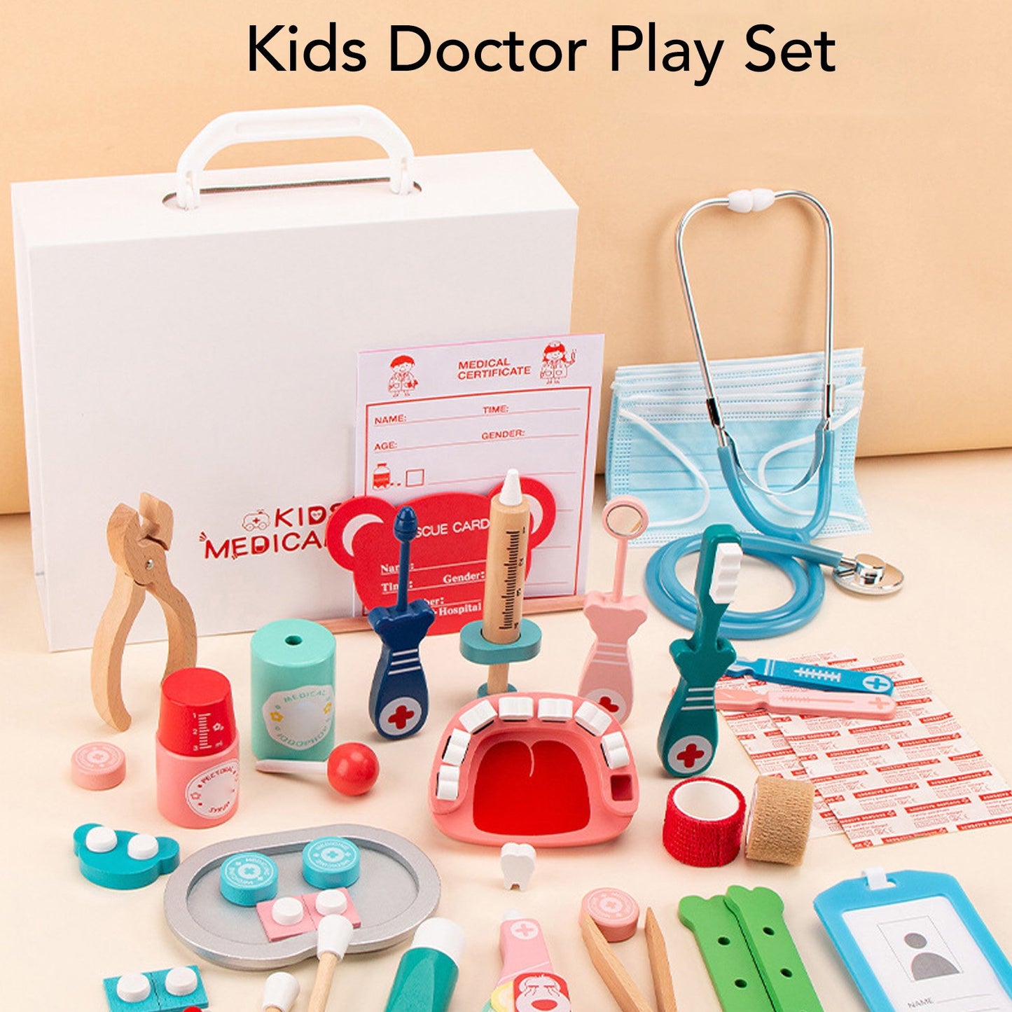 Kids Doctor Kit 50-Piece Wooden Pretend Play Doctor Playset with Carrying Case Stethoscope Pretend Role Play Medical Kit Toy for Toddlers Boys Girls 3 4 5 Years Old