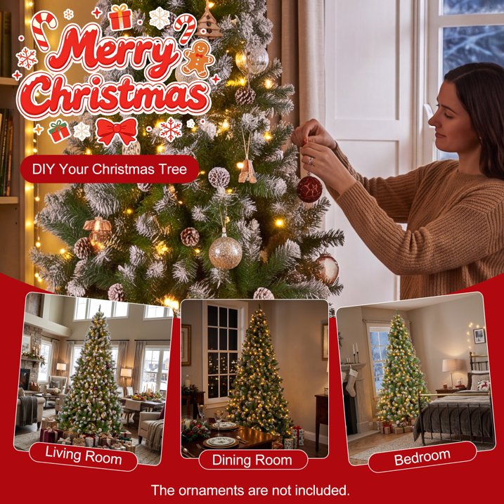 6ft Artificial Xmas Tree Realistic Fire Proof PVC Snow Flocked Xmas Tree with Pinecones String Lights Dense Branches for Home Holiday Decor