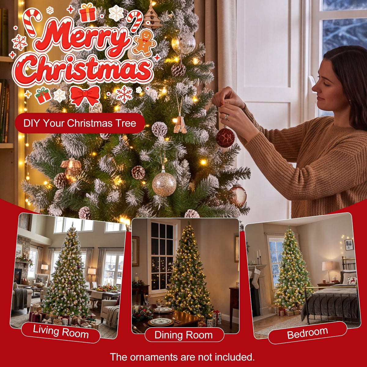 7ft Artificial Xmas Tree Realistic Fire Proof PVC Snow Flocked Xmas Tree with Pinecones String Lights Dense Branches for Home Holiday Decor