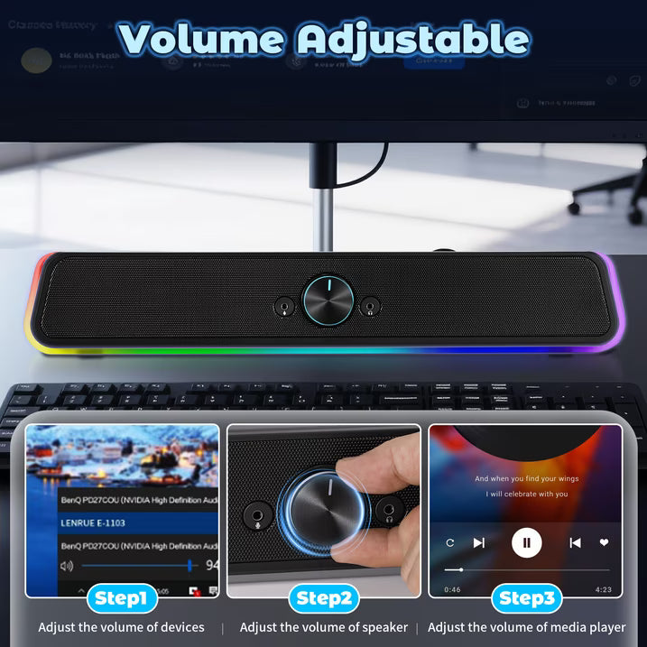 Computer Speakers with Clear Sound, USB Plug & Play PC HiFi Speakers Sound Bar with Dynamic LED Light, 3.5mm Cable Stereo Sound Gaming Speaker for PC Desktop Monitor Laptop, One-knob Control