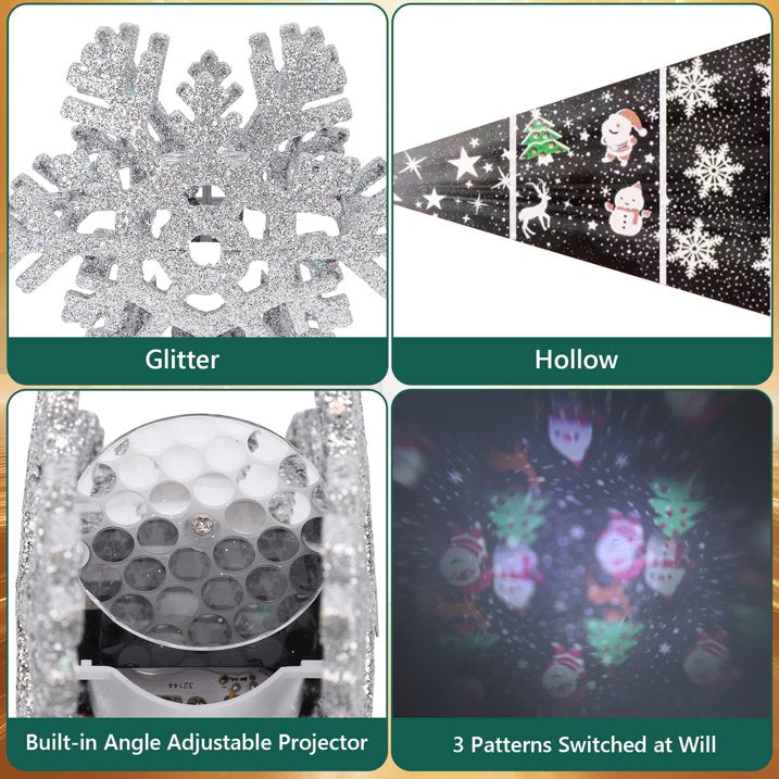 Christmas Tree Toppers Lighted with 3 Projection Modes, Christmas Tree Snowflake Topper Built-in 3D Glitter LED Rotating Lights, Silver Tree Topper Christmas Decoration for Xmas Party Holiday Home