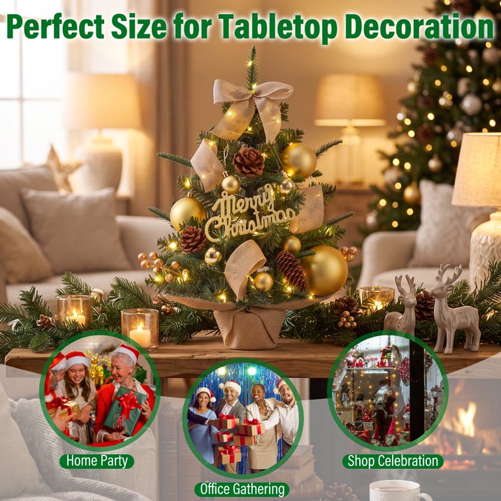 Mini Christmas Tree Tabletop Set with 30 LED Lights, 18 inch Artificial Xmas Tree with PineCones Berries Bows Balls & Gift Boxes Ornaments, Perfect DIY Xmas Decorations for Holiday Home Kitchen