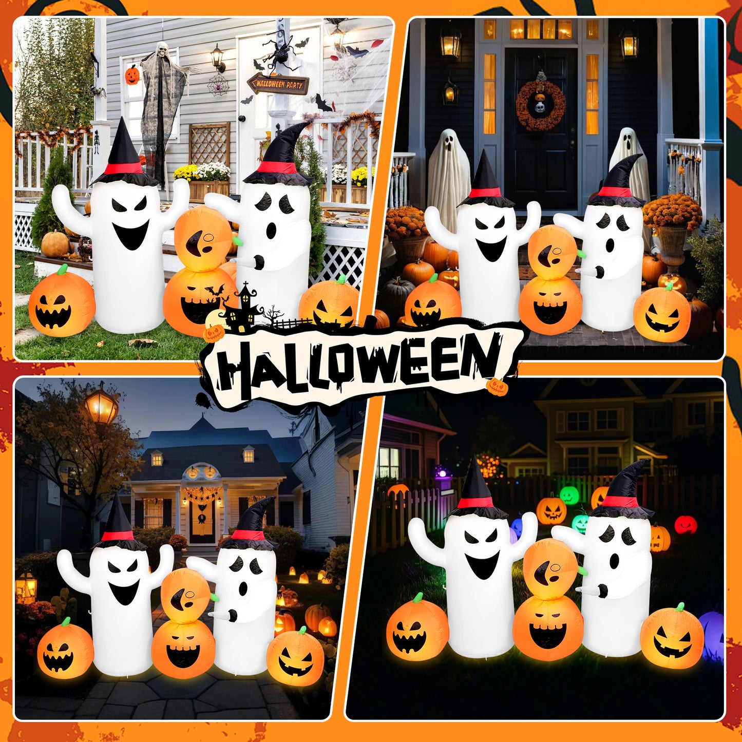 7 FT Long Lighted Inflatable Ghosts with Pumpkins, Blow Up Decorations for Indoor Outdoor Garden Lawn Party Yard Decorations