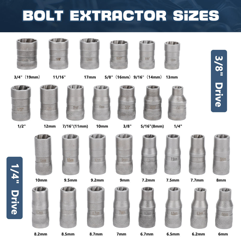 Upgrade Bolt Extractor Set, 32 Pieces Impact Bolt & Nut Remover Set with 1/4in 3/8in Adapter and Exhaust Rod