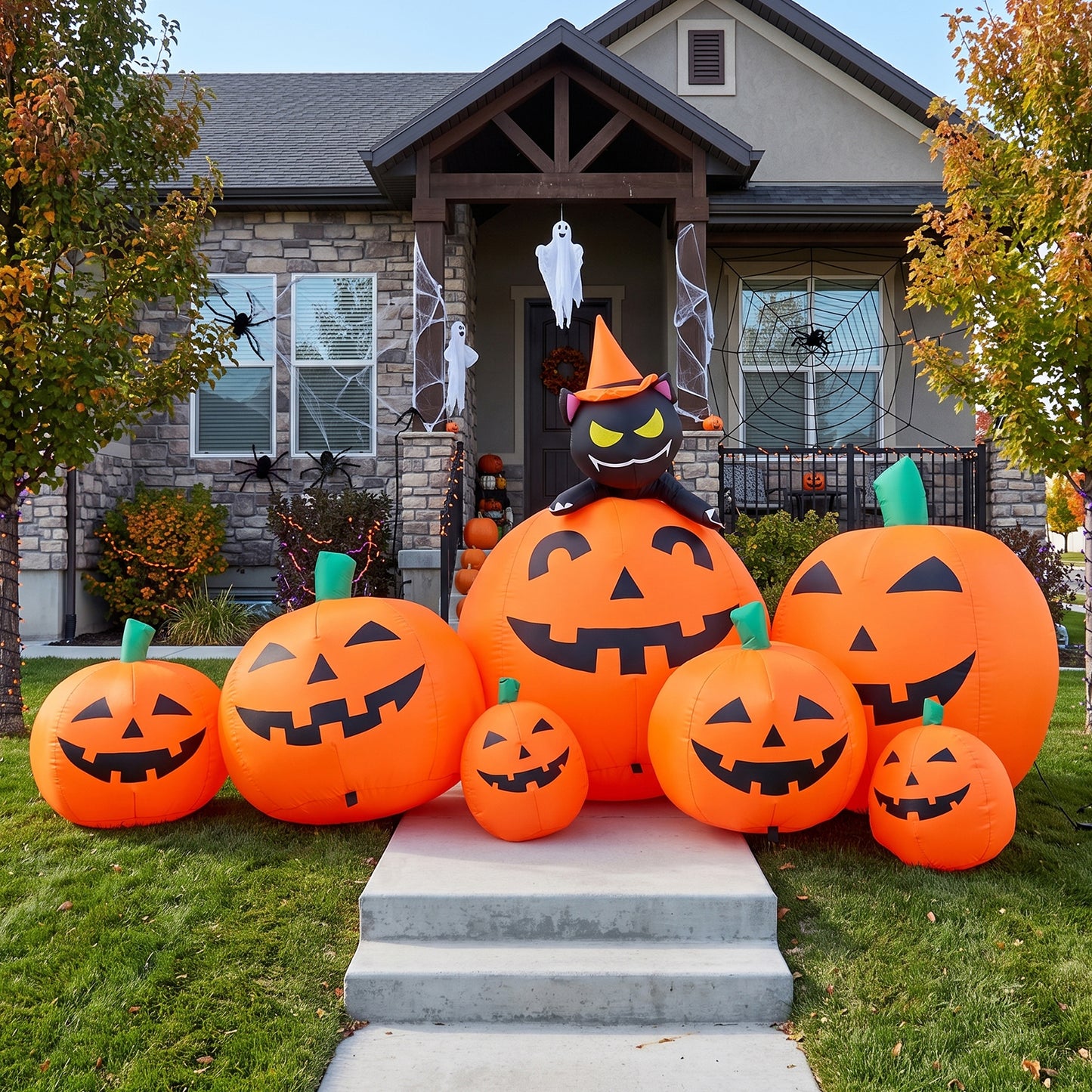 7 FT Long Halloween Inflatables Pumpkin Outdoor Decorations, 7 Pumpkins Outside Decoration with Witch's Cat with Build-in LEDs Blow Up Inflatables for Party Yard Lawn Garden Decor