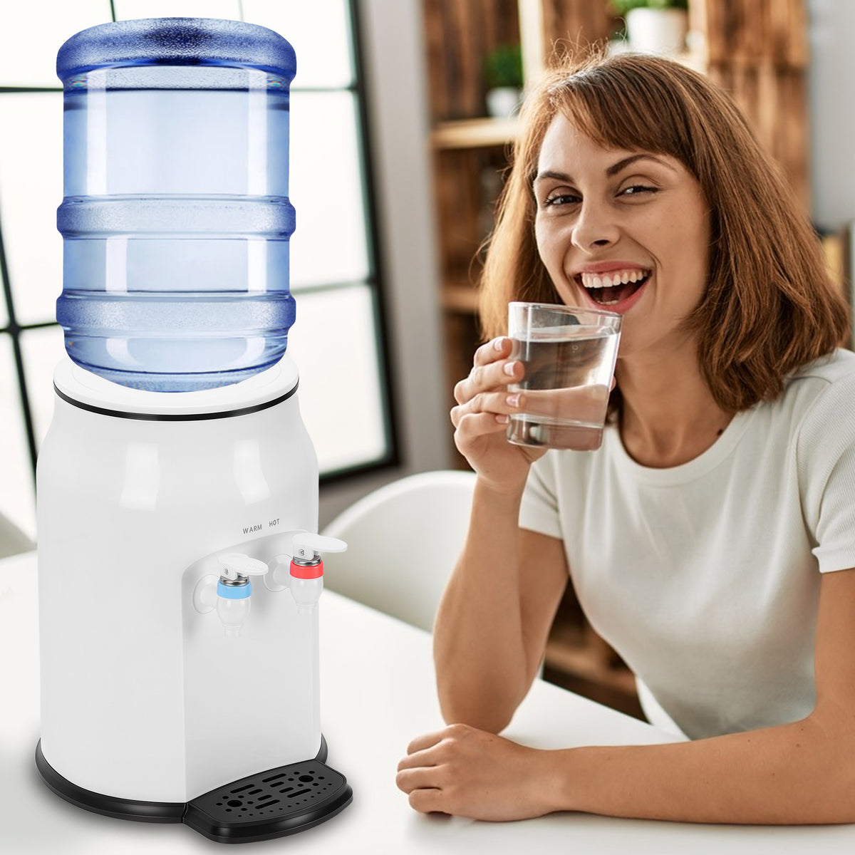 500W Mini Countertop Water Dispenser, Top Loading Electric Water Dispenser for 3 & 5 Gallon Bottles,White