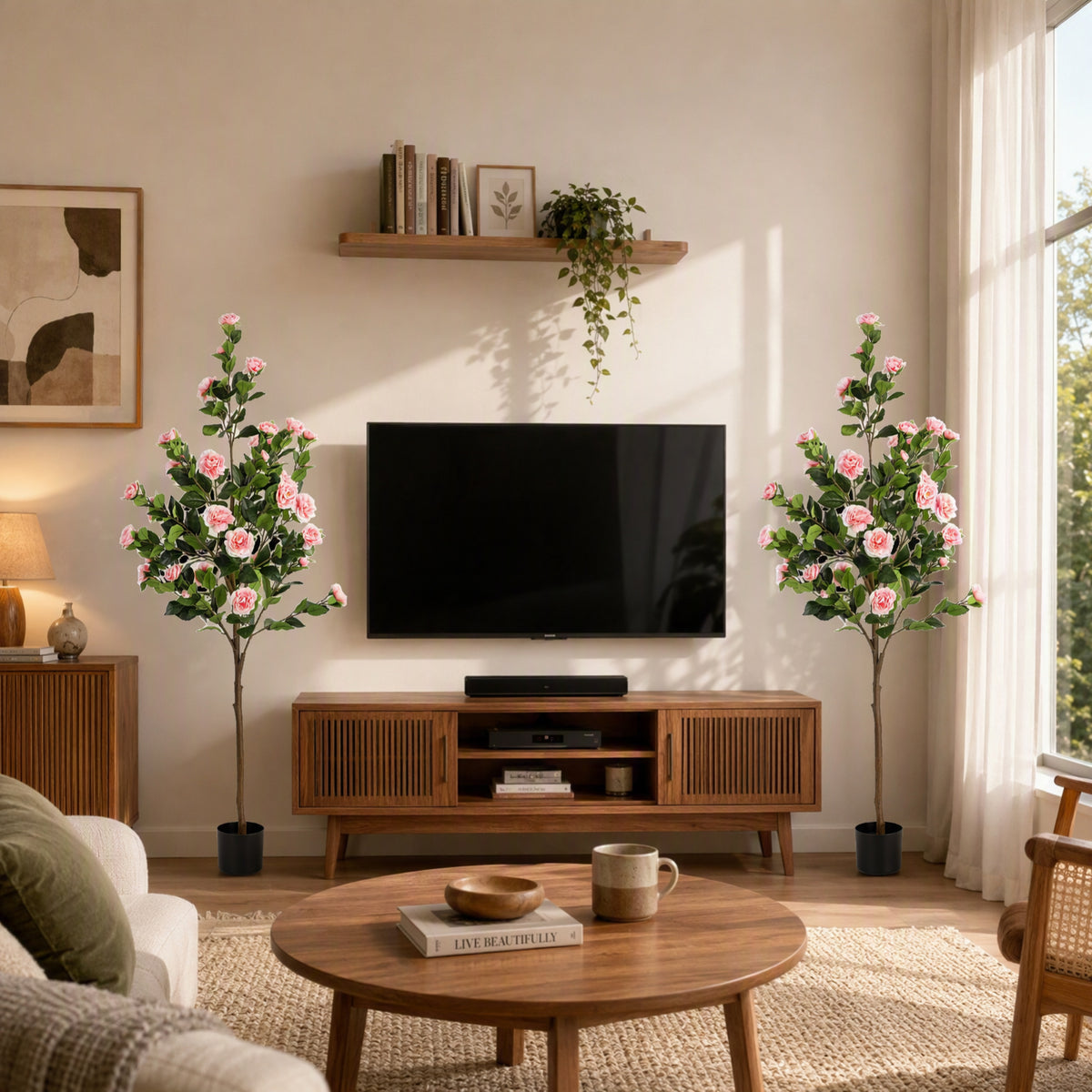 6FT Artificial Camellia Tree Faux Plants Indoor, with Easy Assembly, Low Maintenance, Ideal for Both Indoor Decoration and Other Purposes, Perfect Porch Christmas Trees