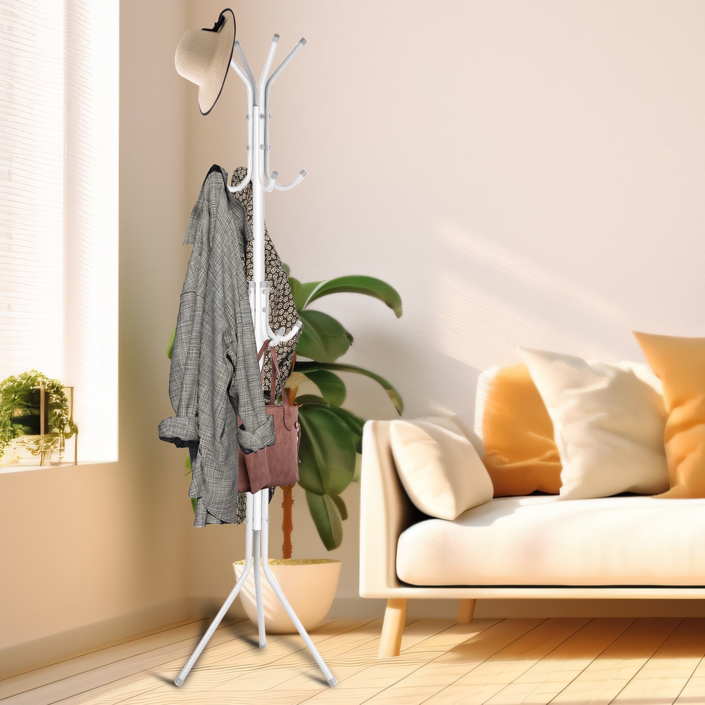 5.7ft Coat Rack Stand Clothes Tree Floor Hats Hanger Holder with 12 Hooks Sturdy Freestanding Multi Hooks Hanging Clothes, White